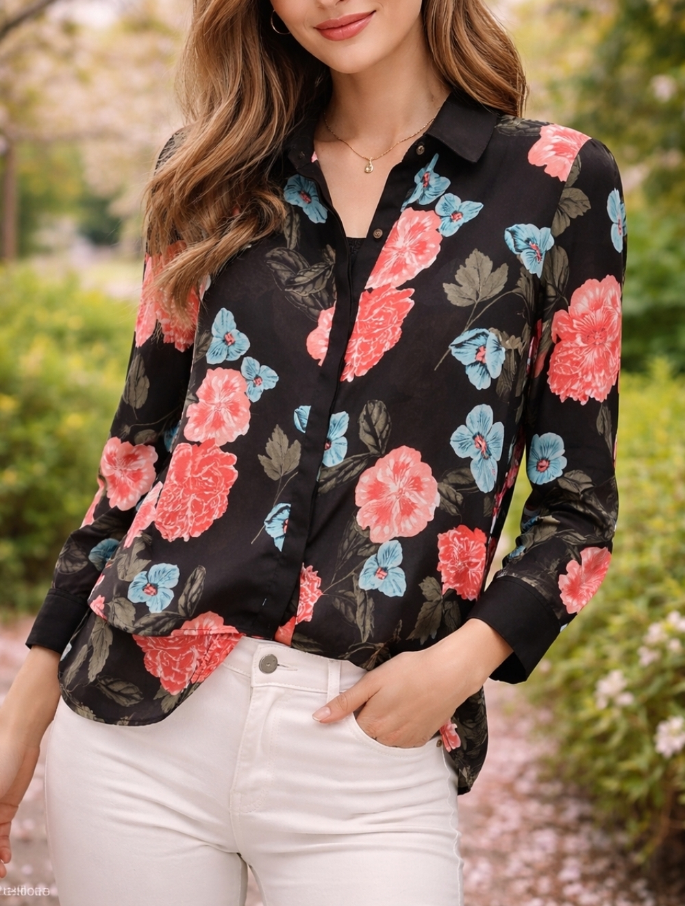 CeCe Black Floral Hi-Low Blouse Long Sleeve Sheer Button Front Lightweight Top